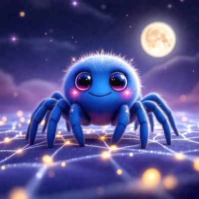 The primary subject of the image is a blue spider with a smile on its face. The setting is a night sky, and the visual style is digital art. The spider is the main focus of the image, and its blue color and smiling expression create a playful and friendly atmosphere.